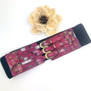 Red And Black Reptile Triple Buckle Corset Belt